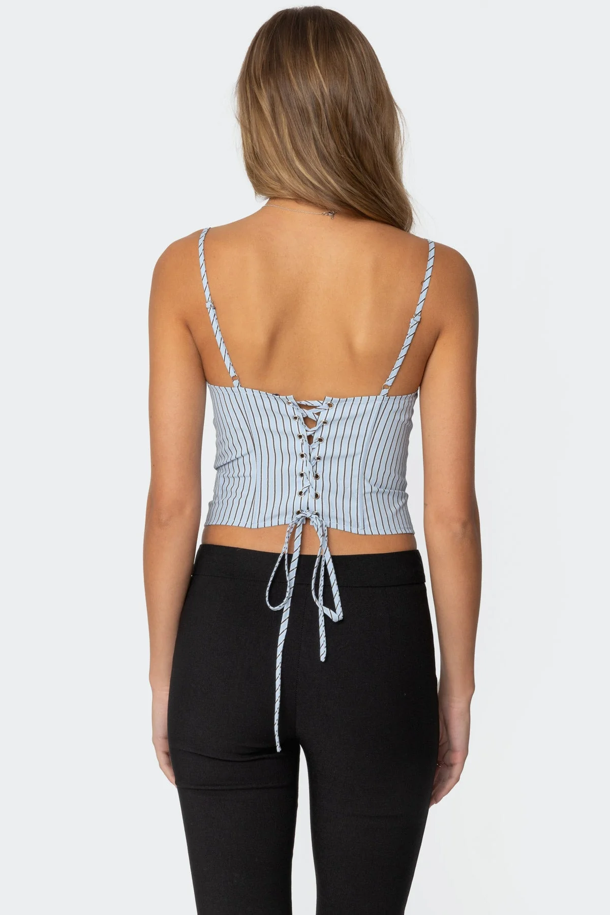 Light Blue Lace Up Pinstripe Corset - Adjustable Cupped Design