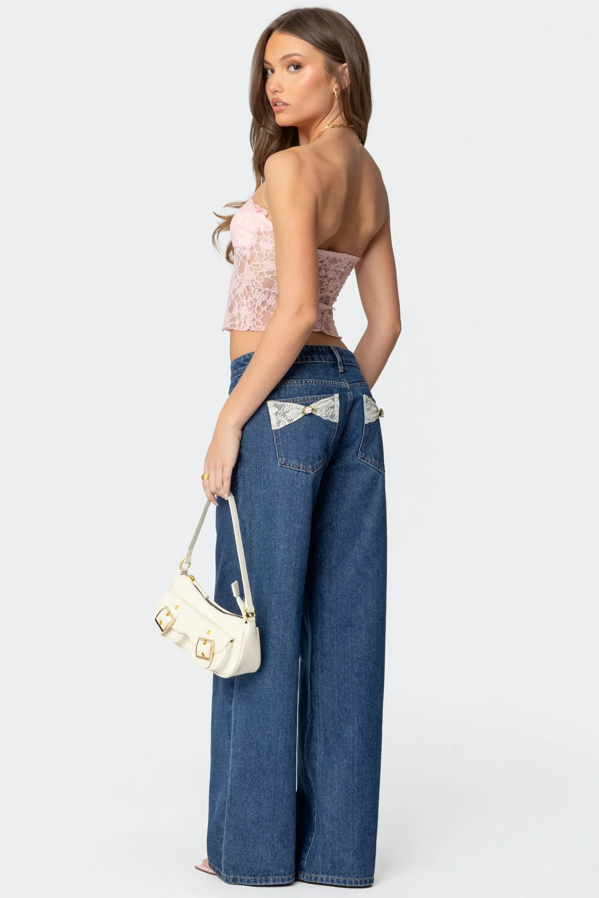 Blue Lace Pocket Jeans Low Rise Womens Casual Pants