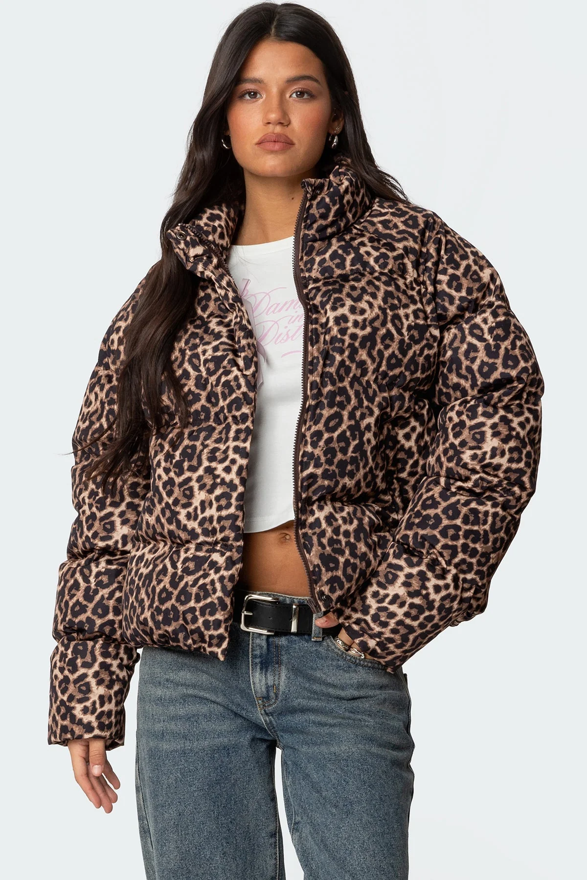 Leopard Print Puffer Jacket in Brown | Long Sleeve Outerwear