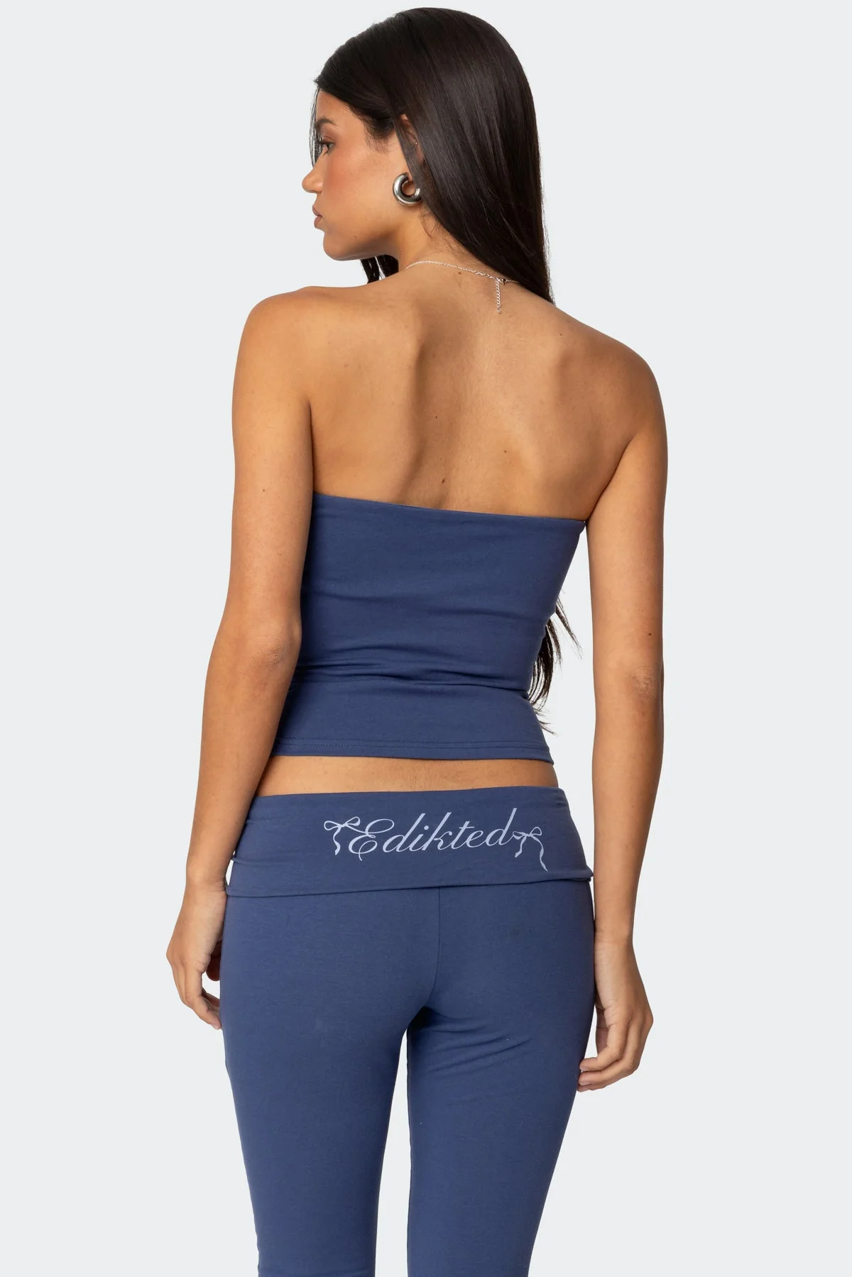 Blue Strapless Tube Top with Built-in Bra and Bow Detail