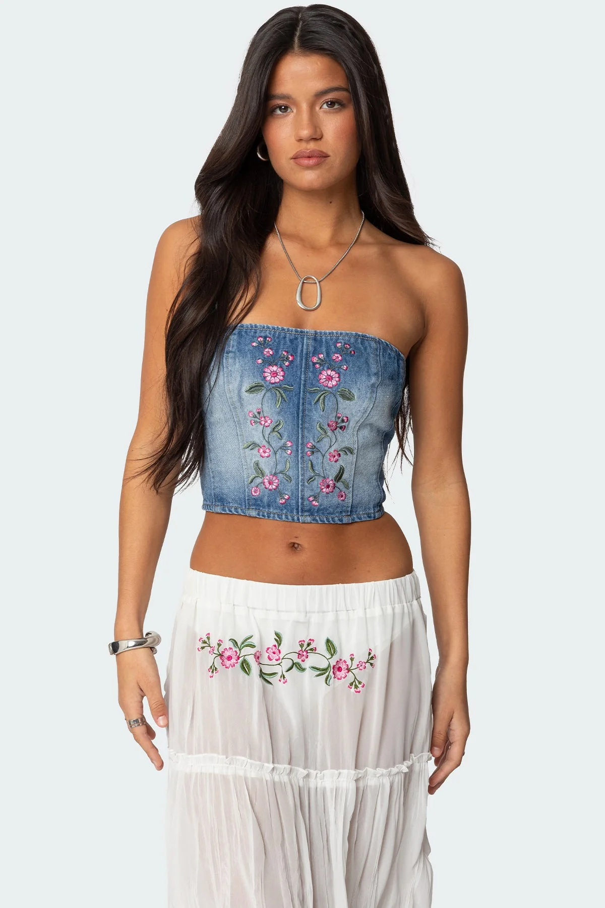 Denim Floral Embroidered Corset Top - Blue Strapless Lace-Up