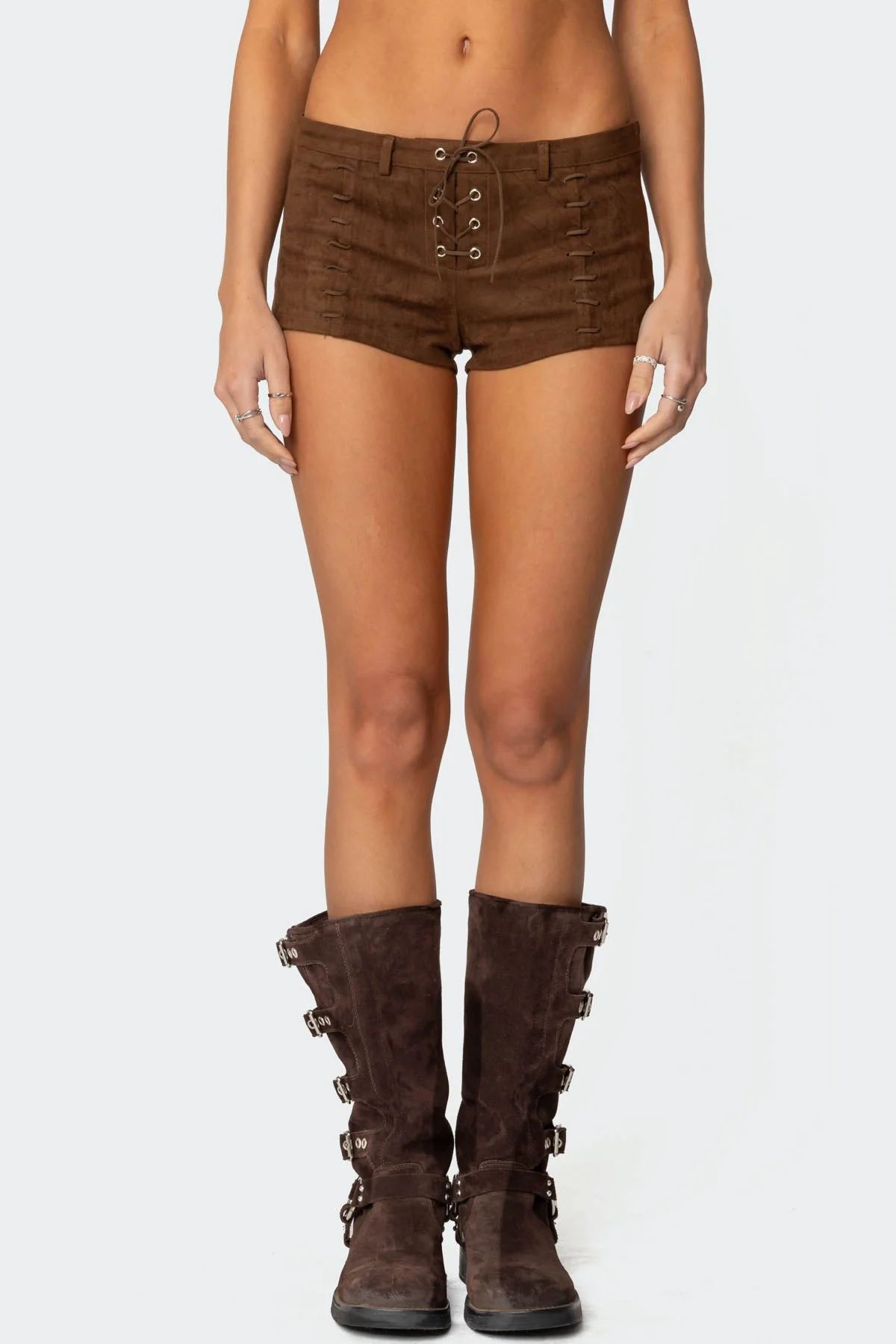 Brown Faux Suede Micro Shorts XS-XL Lace-Up Detail