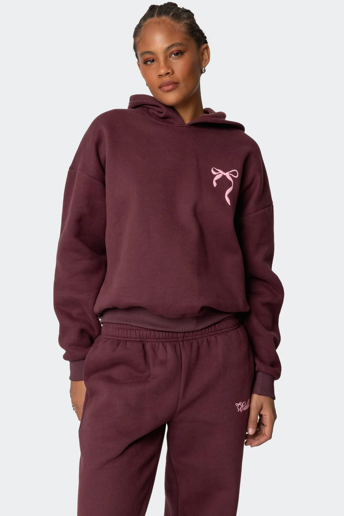 Burgundy Bow Detail Hoodie Womens Fashion Lounge Wear