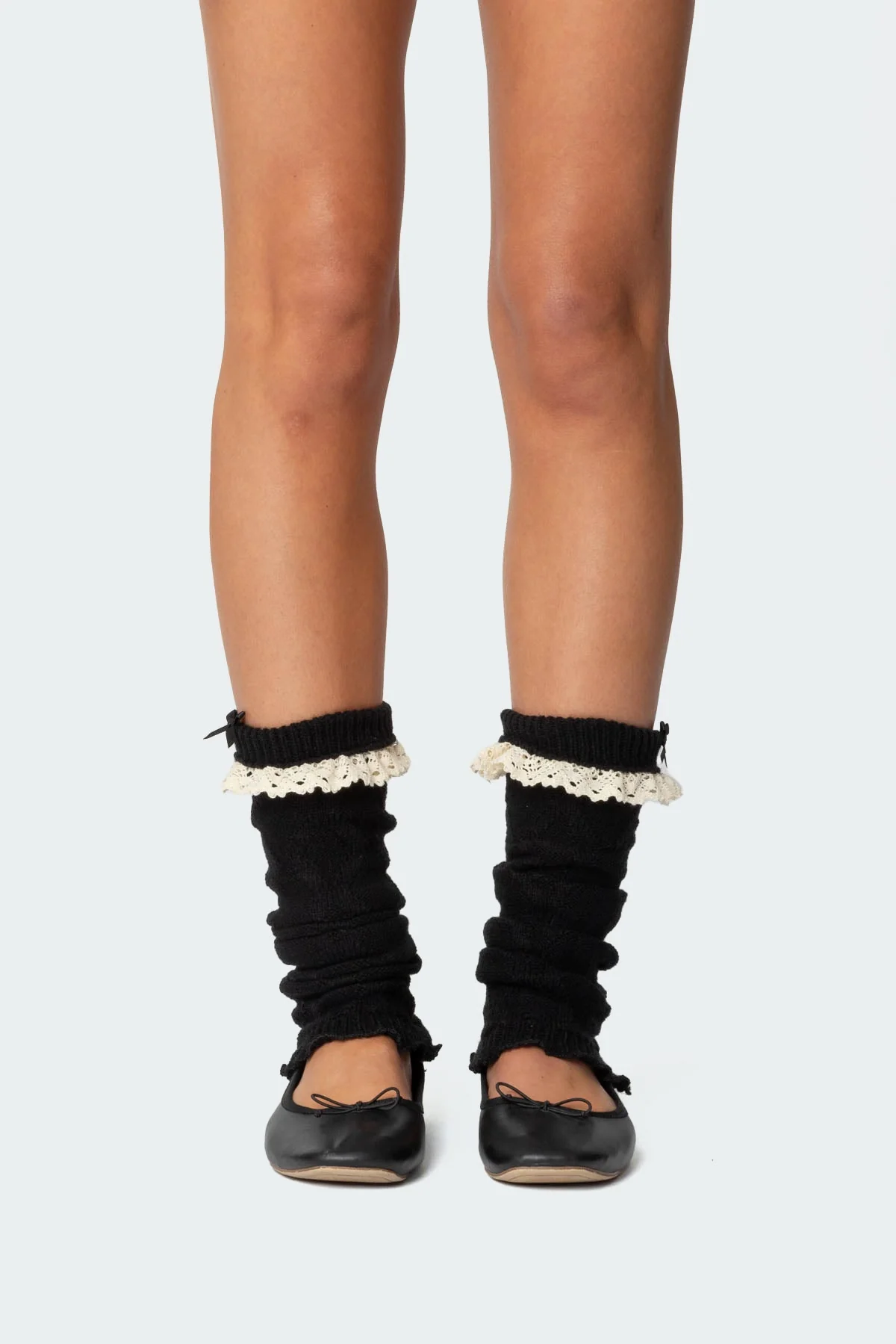 Black Knit Leg Warmers with Lacey Frill Detailing