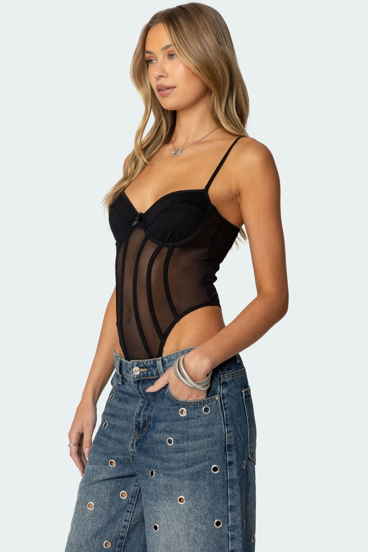 Sheer Mesh Cupped Bodysuit in Black