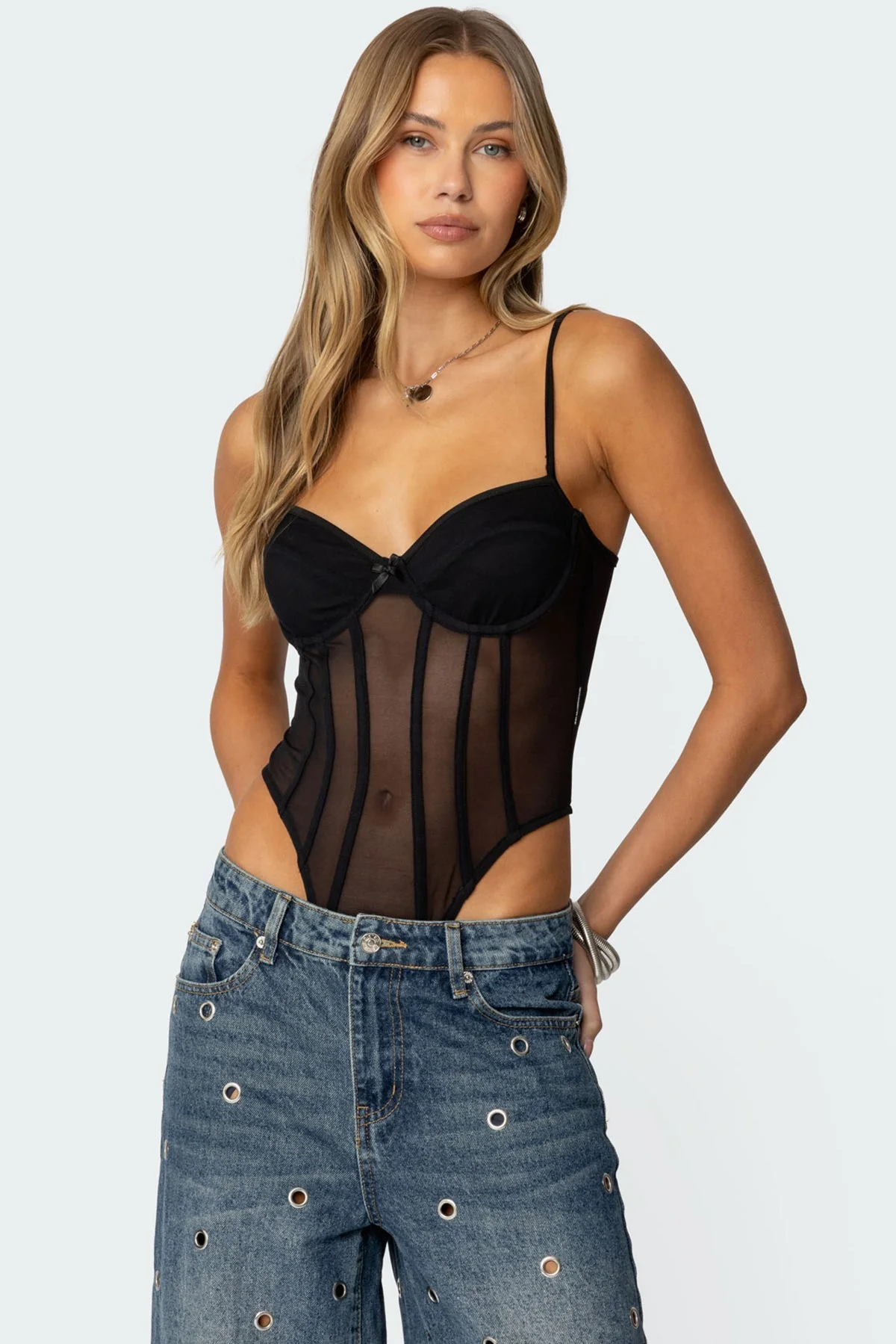 Sheer Mesh Cupped Bodysuit in Black