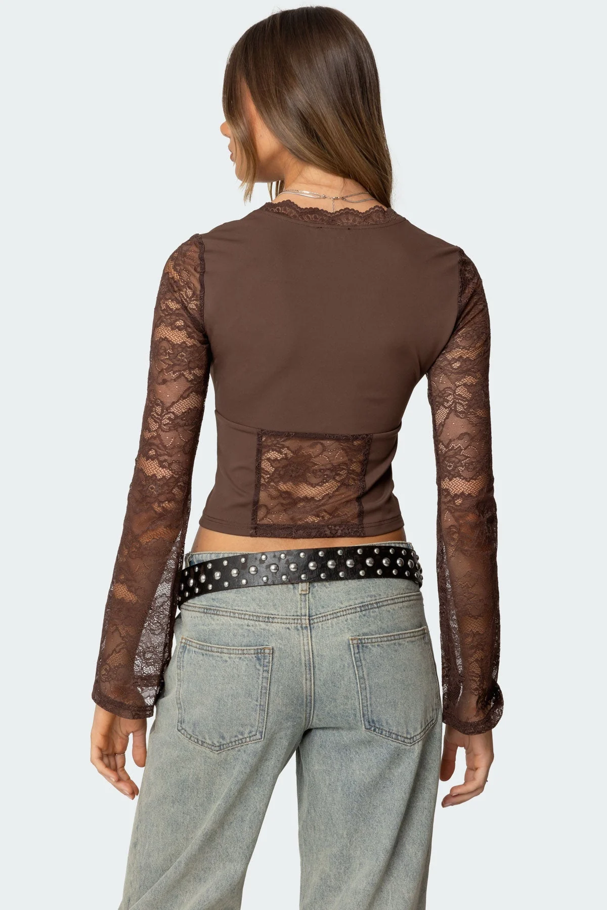 Lace Trim Brown Top with Split Front - Womens Fashion