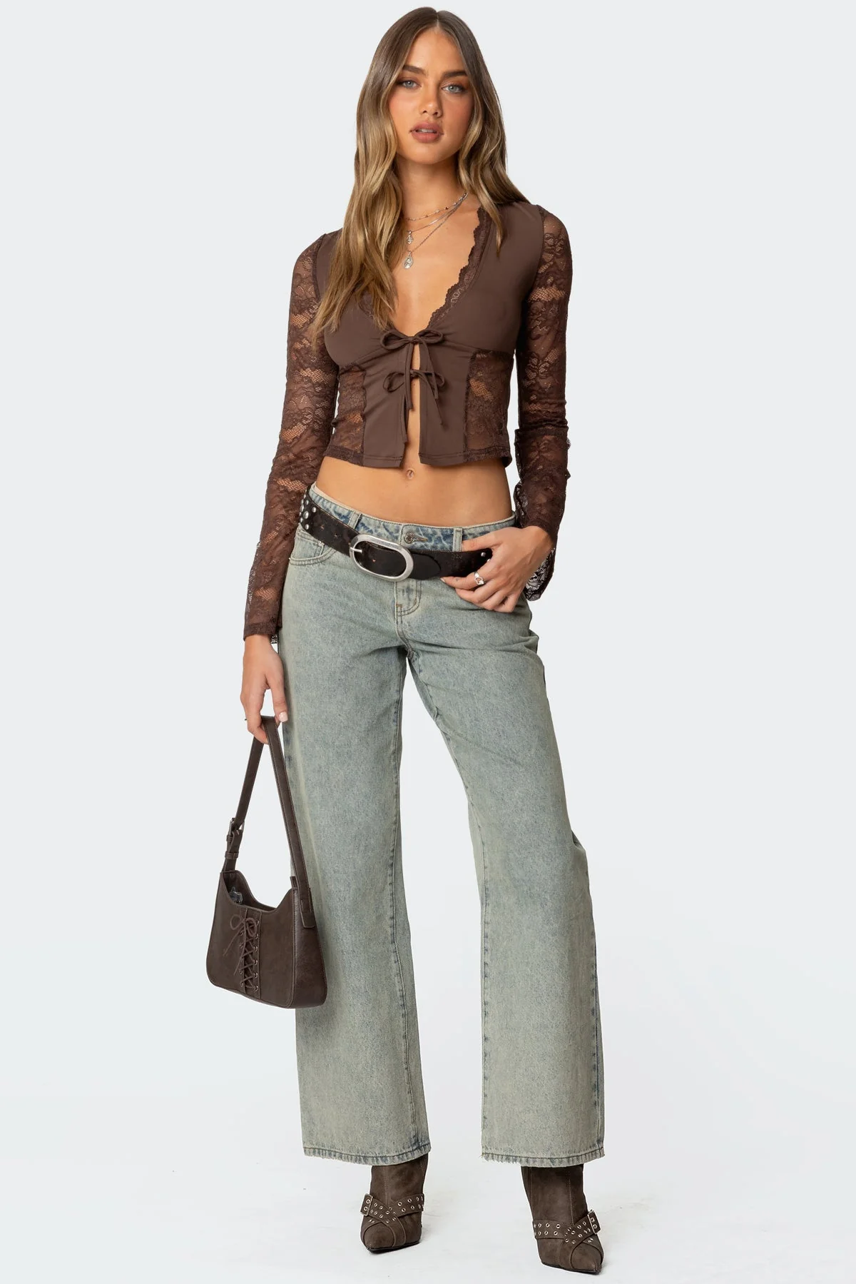 Lace Trim Brown Top with Split Front - Womens Fashion