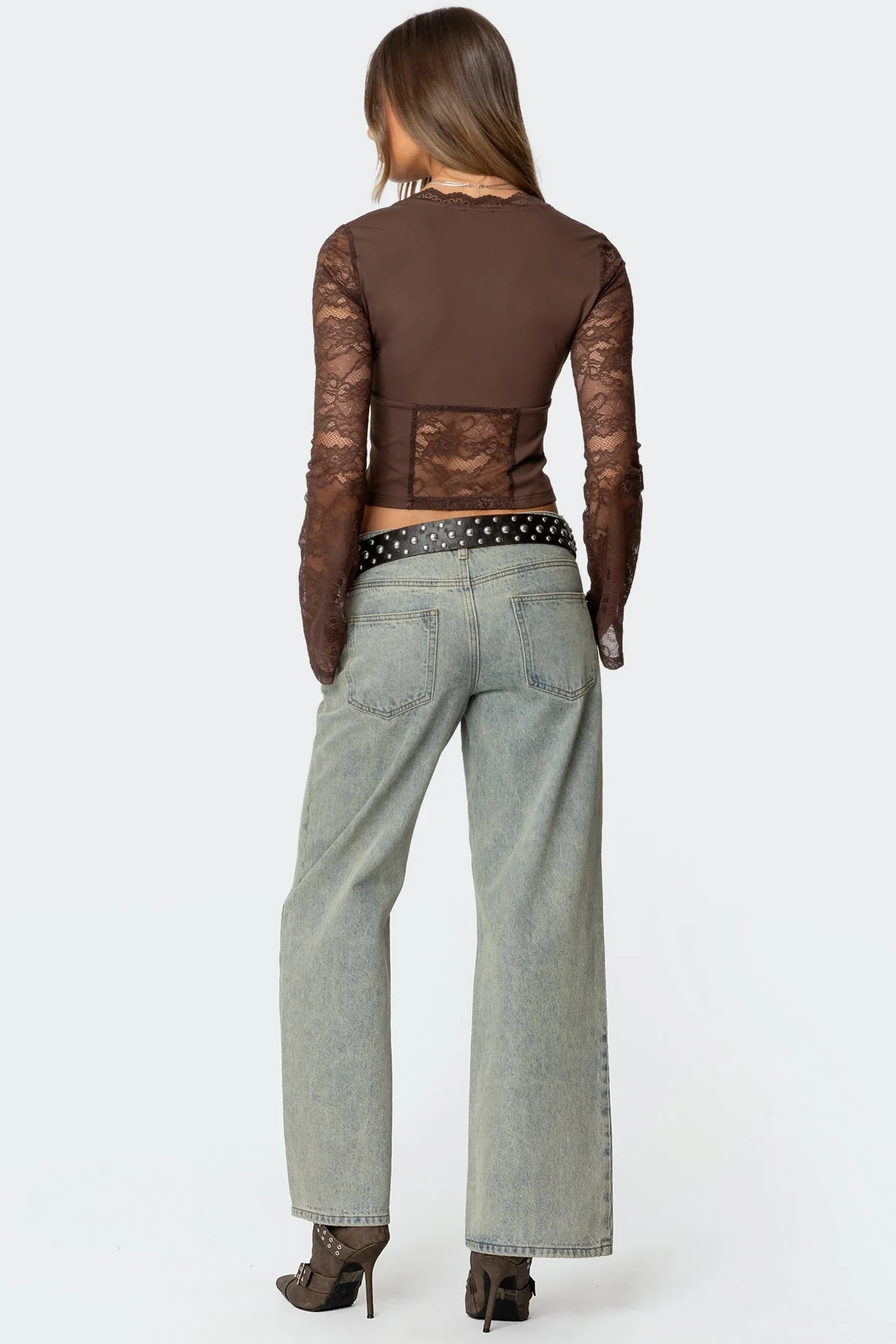 Lace Trim Brown Top with Split Front - Womens Fashion