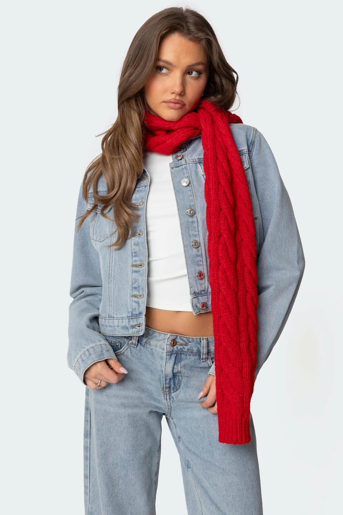 Cozy Red Cable Knit Scarf - Soft Cotton Spandex Blend