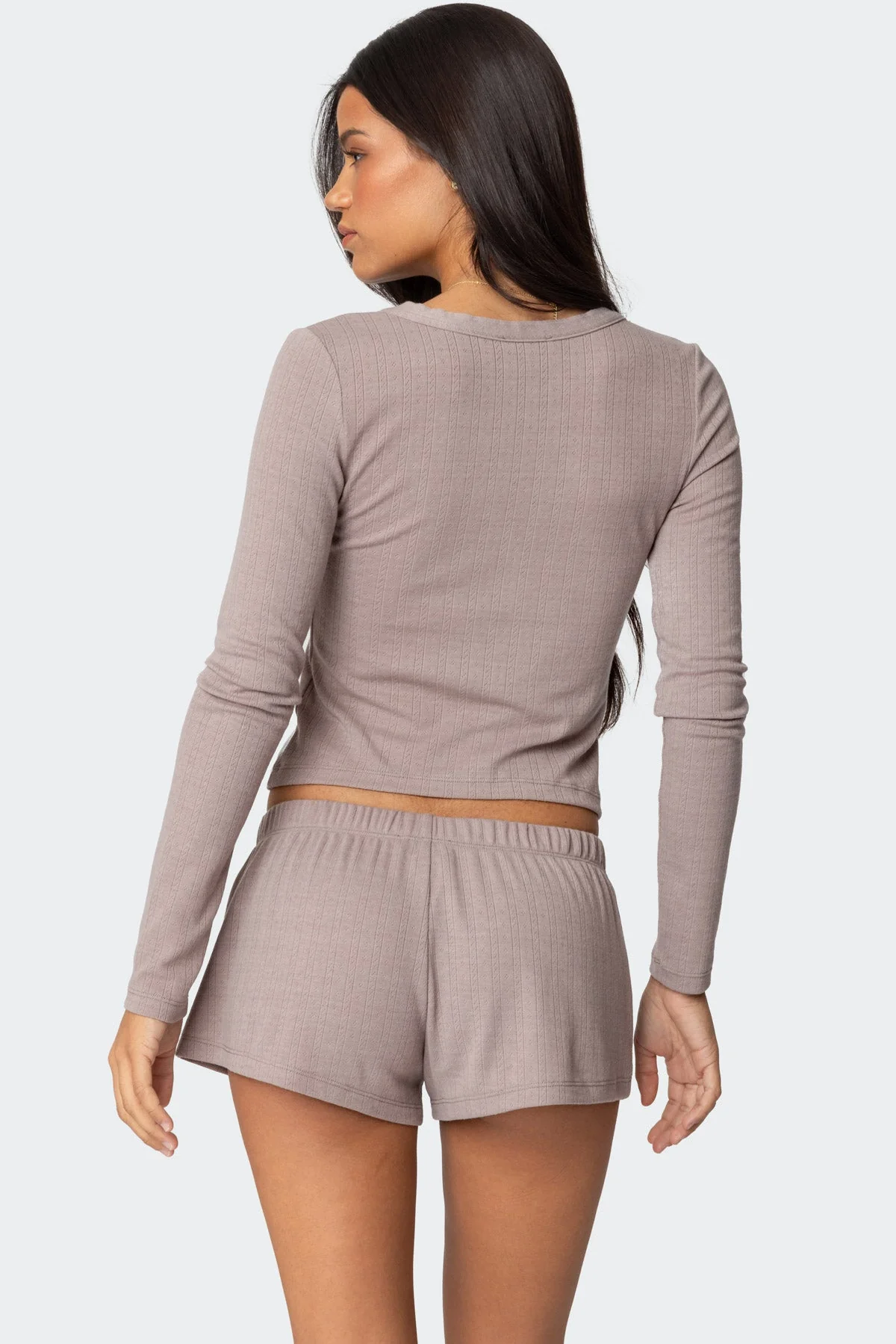 Comfy Brown Pointelle Henley Top for Women - Keely Style