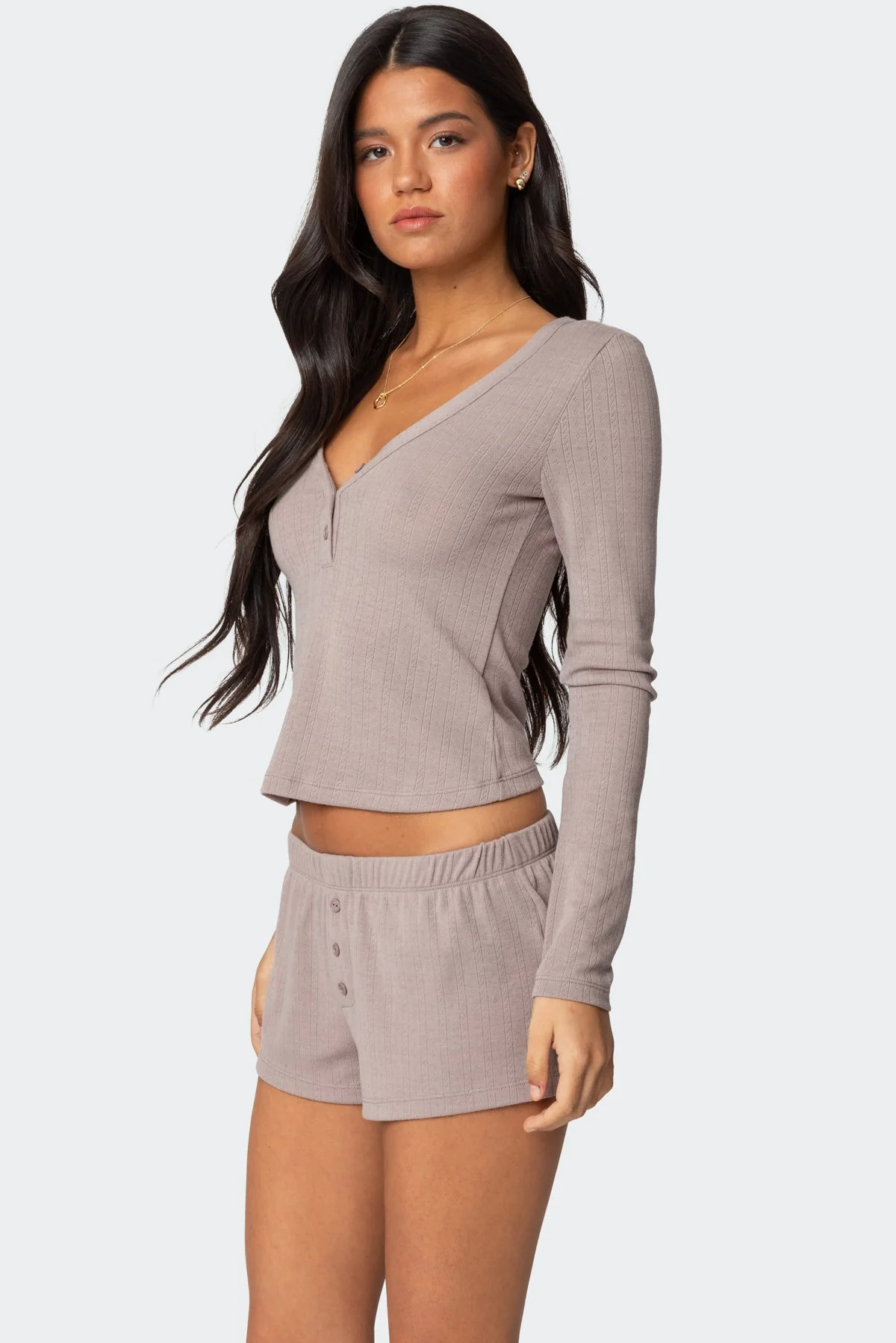 Comfy Brown Pointelle Henley Top for Women - Keely Style