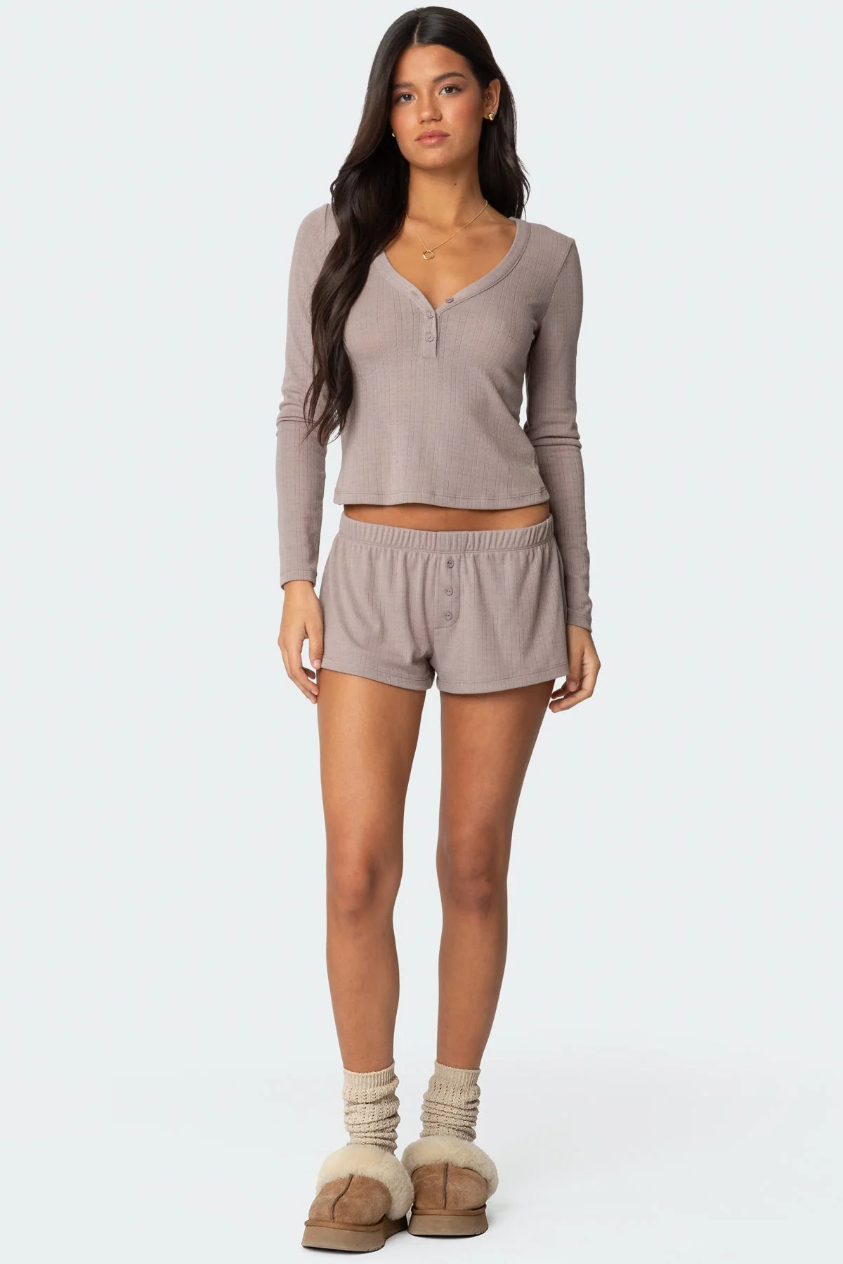 Comfy Brown Pointelle Henley Top for Women - Keely Style