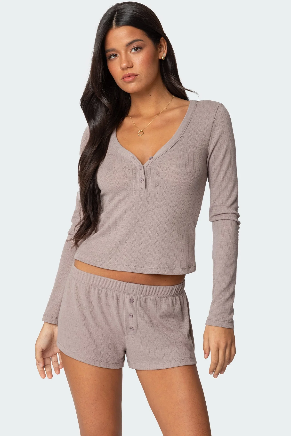 Comfy Brown Pointelle Henley Top for Women - Keely Style