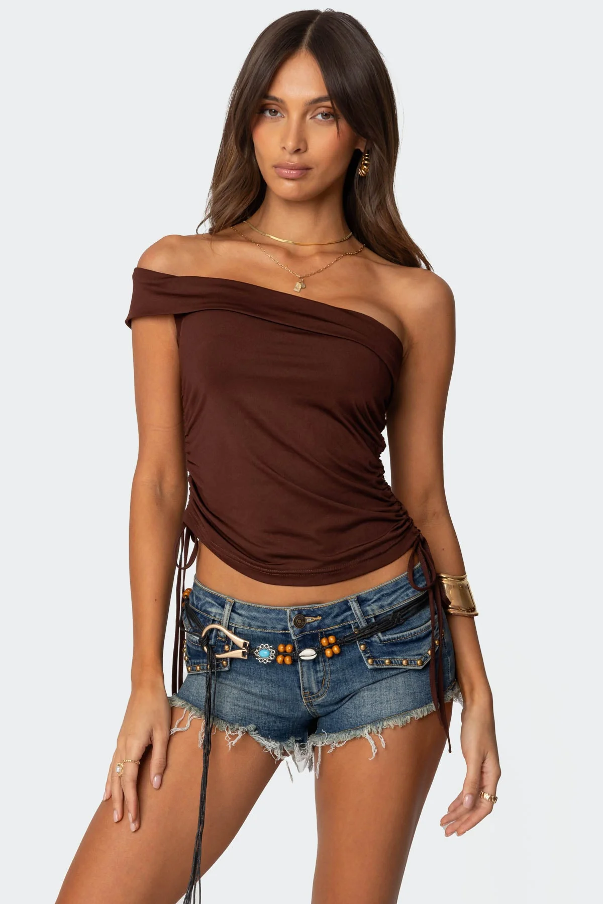 Brown Asymmetric Off Shoulder Top for Women