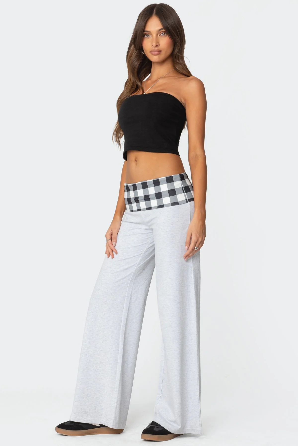 Gingham Fold-Over Cotton Spandex Pants in Light Gray