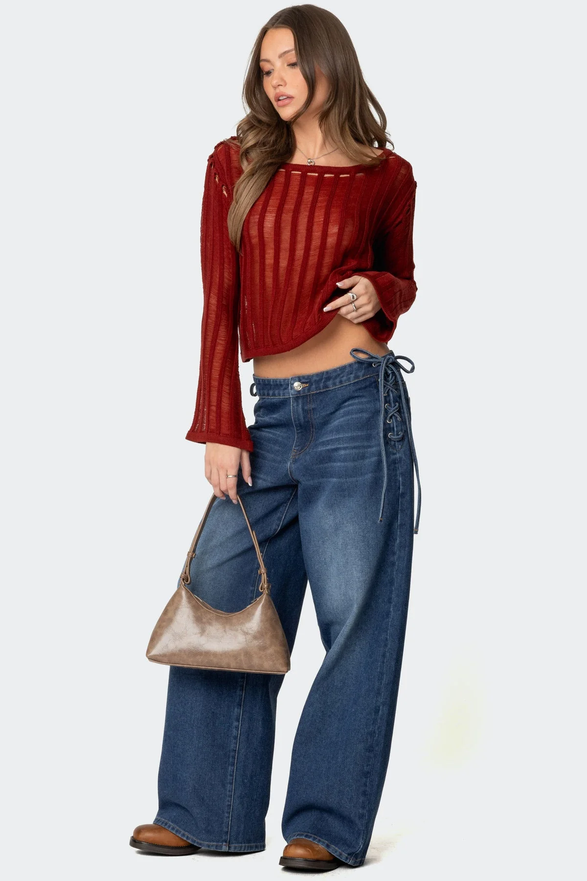 Burgundy Sheer Knit Sweater Top