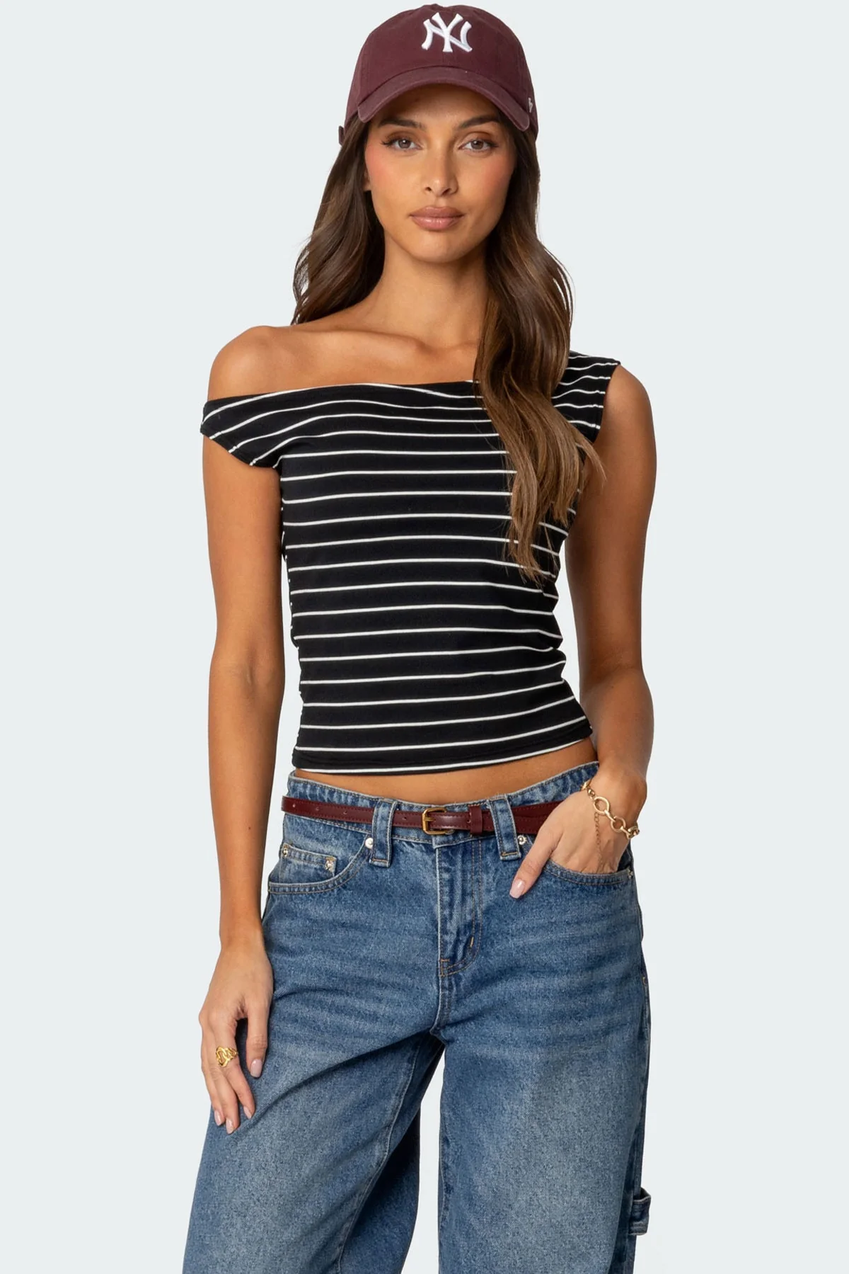 Striped Asymmetric Cotton Spandex Top - Black Womens Off Shoulder