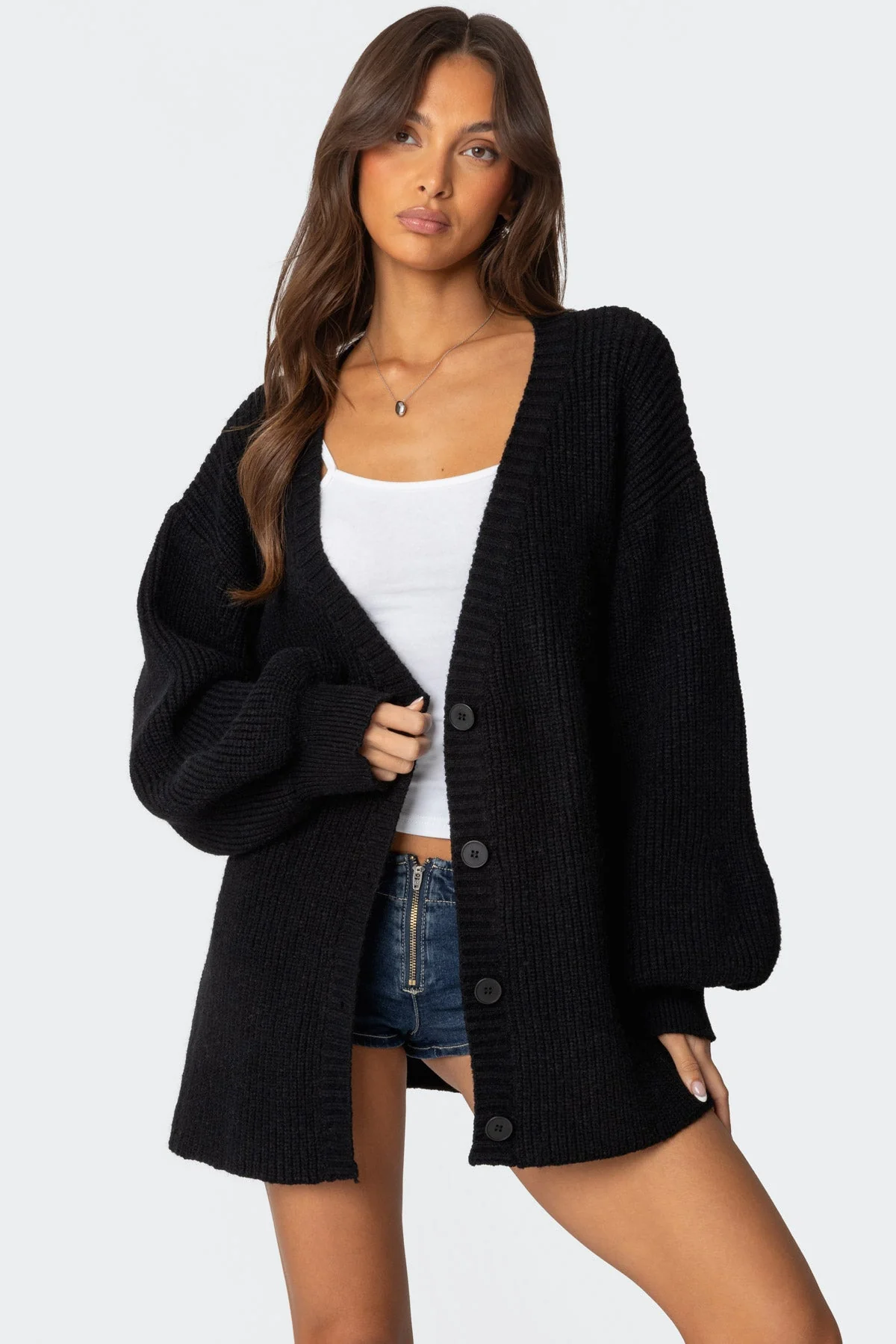 Black Ribbed Knit Oversized Cardigan
