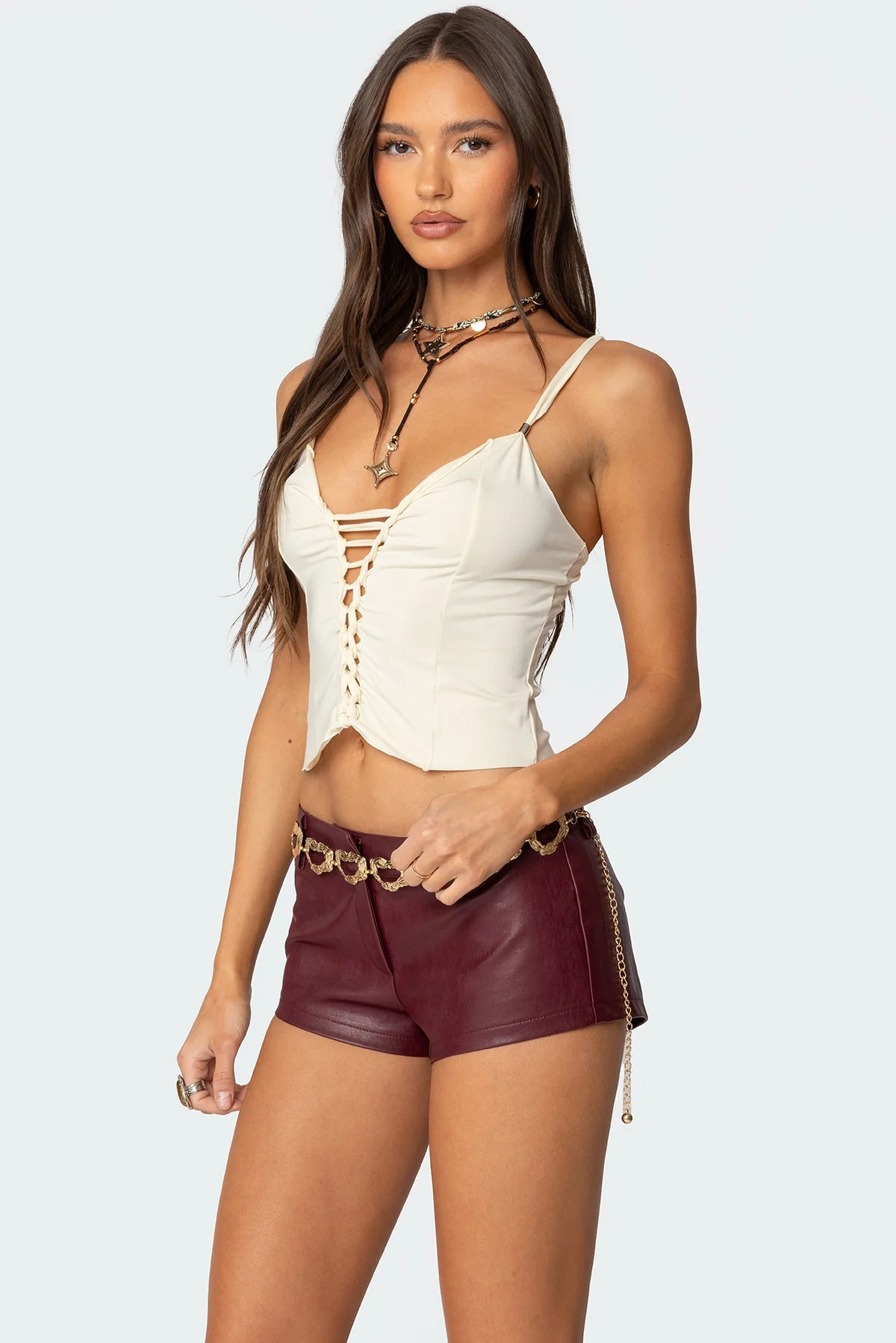 Crossover Strap V-Neck Tank Top in Beige