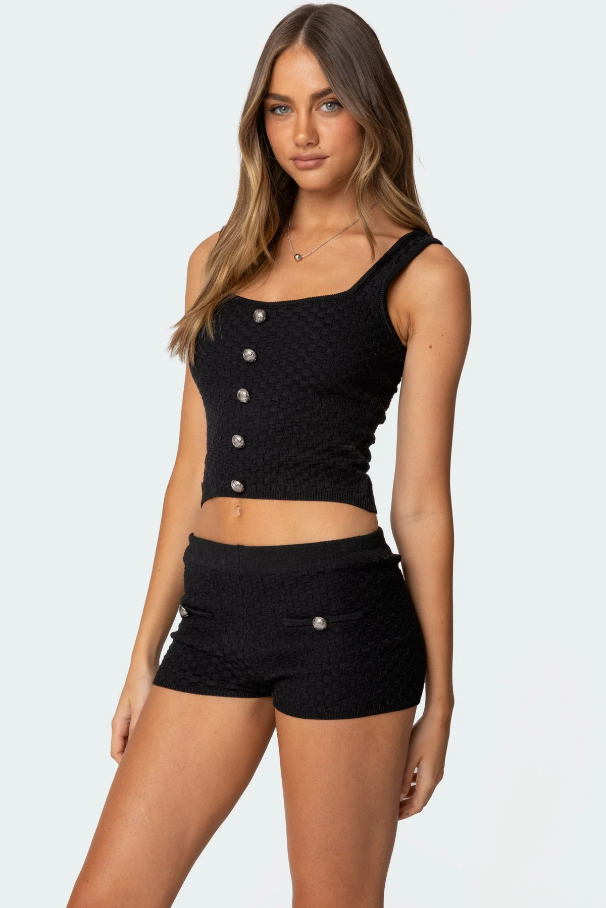 Black Knit Tank Top Set with Silver Button Detailing