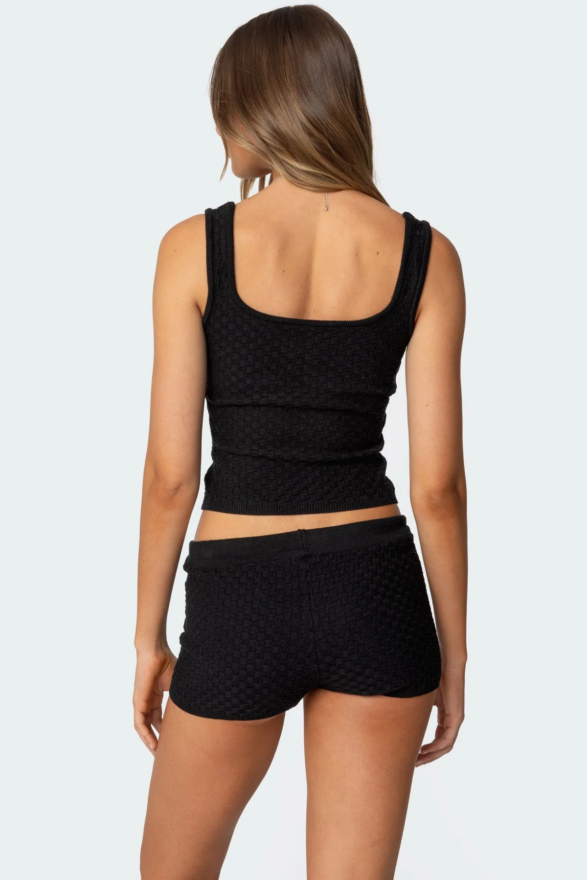 Black Knit Tank Top Set with Silver Button Detailing
