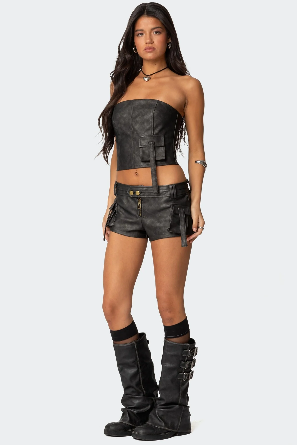 Black Faux Leather Cargo Corset Top for Women