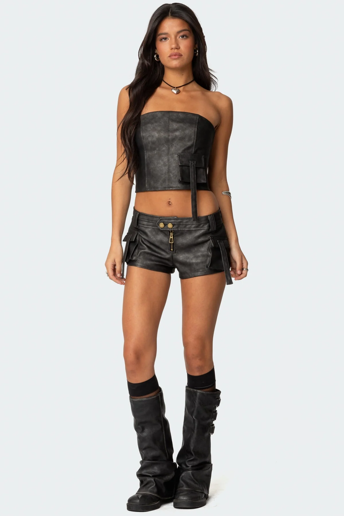 Black Faux Leather Cargo Corset Top for Women