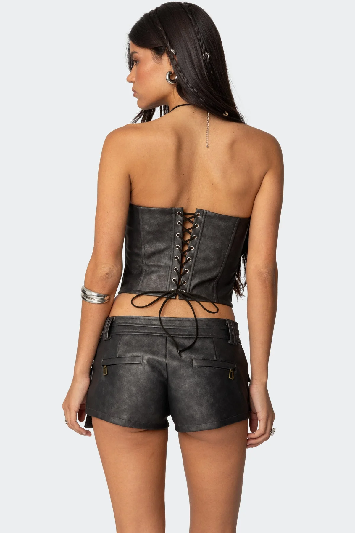 Black Faux Leather Cargo Corset Top for Women