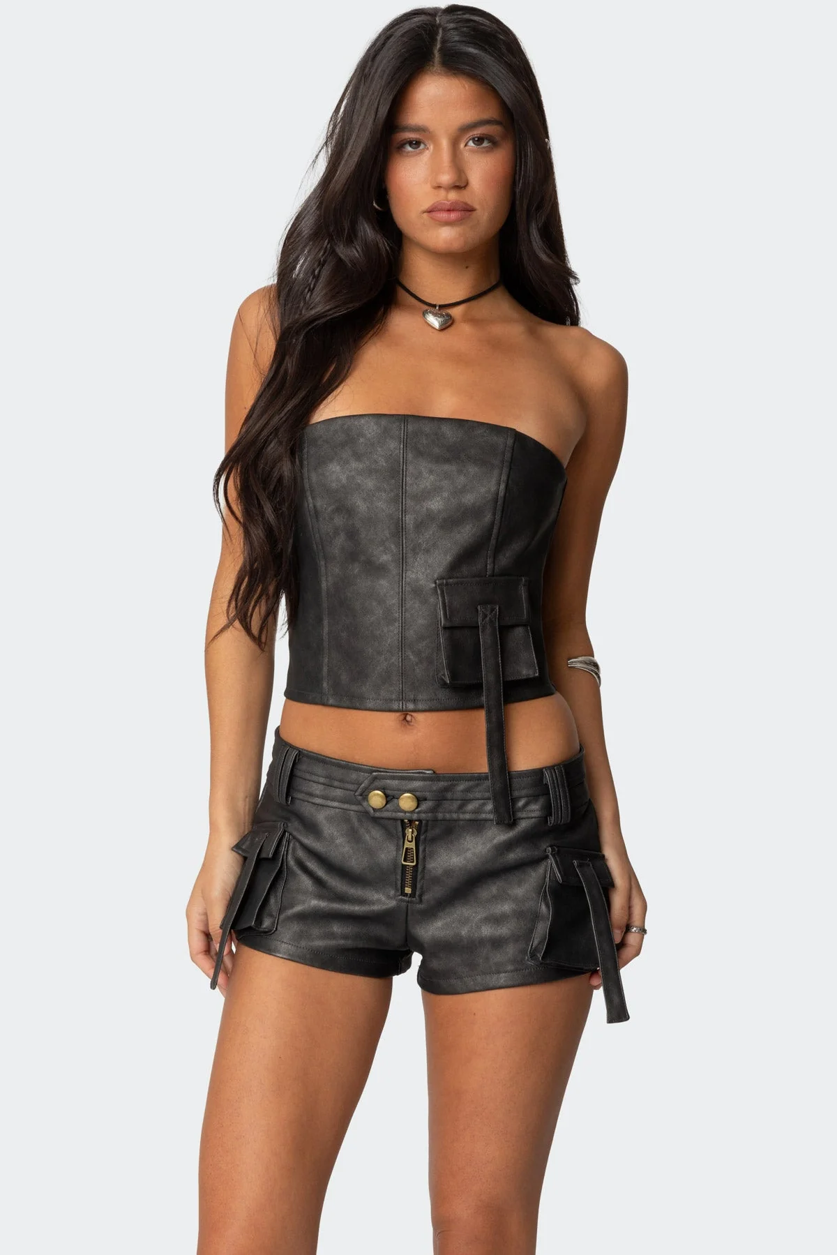 Black Faux Leather Cargo Corset Top for Women
