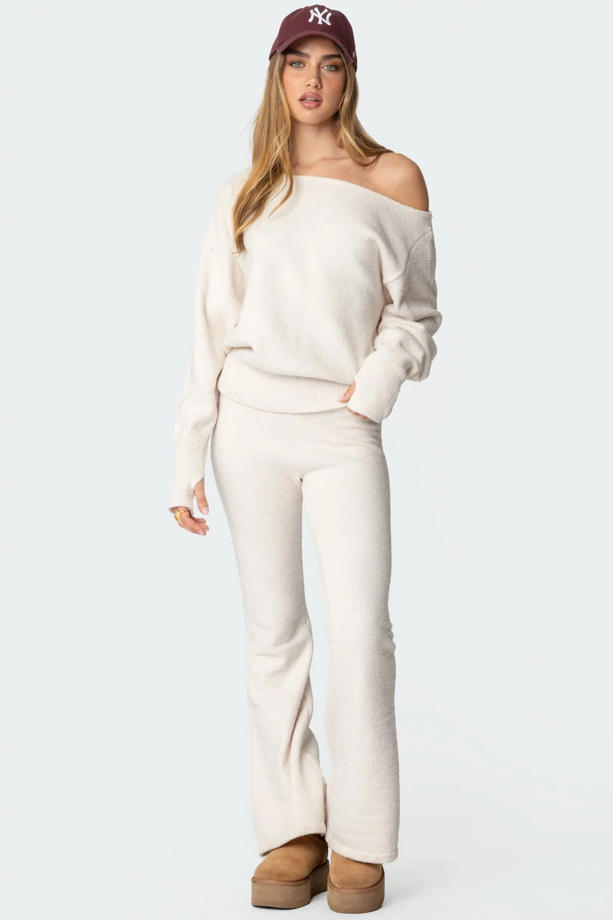 Cozy Knit Flared Pants in Cream - Soft Loungewear Set