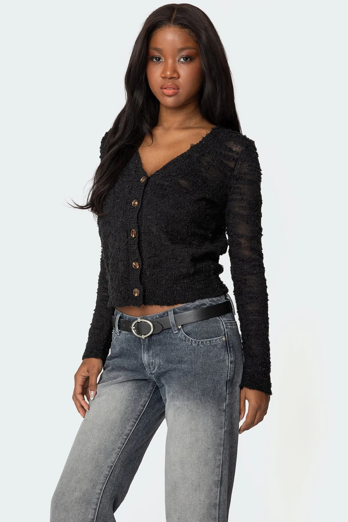 Textured Knit Cardigan Black V-Neck Button Front