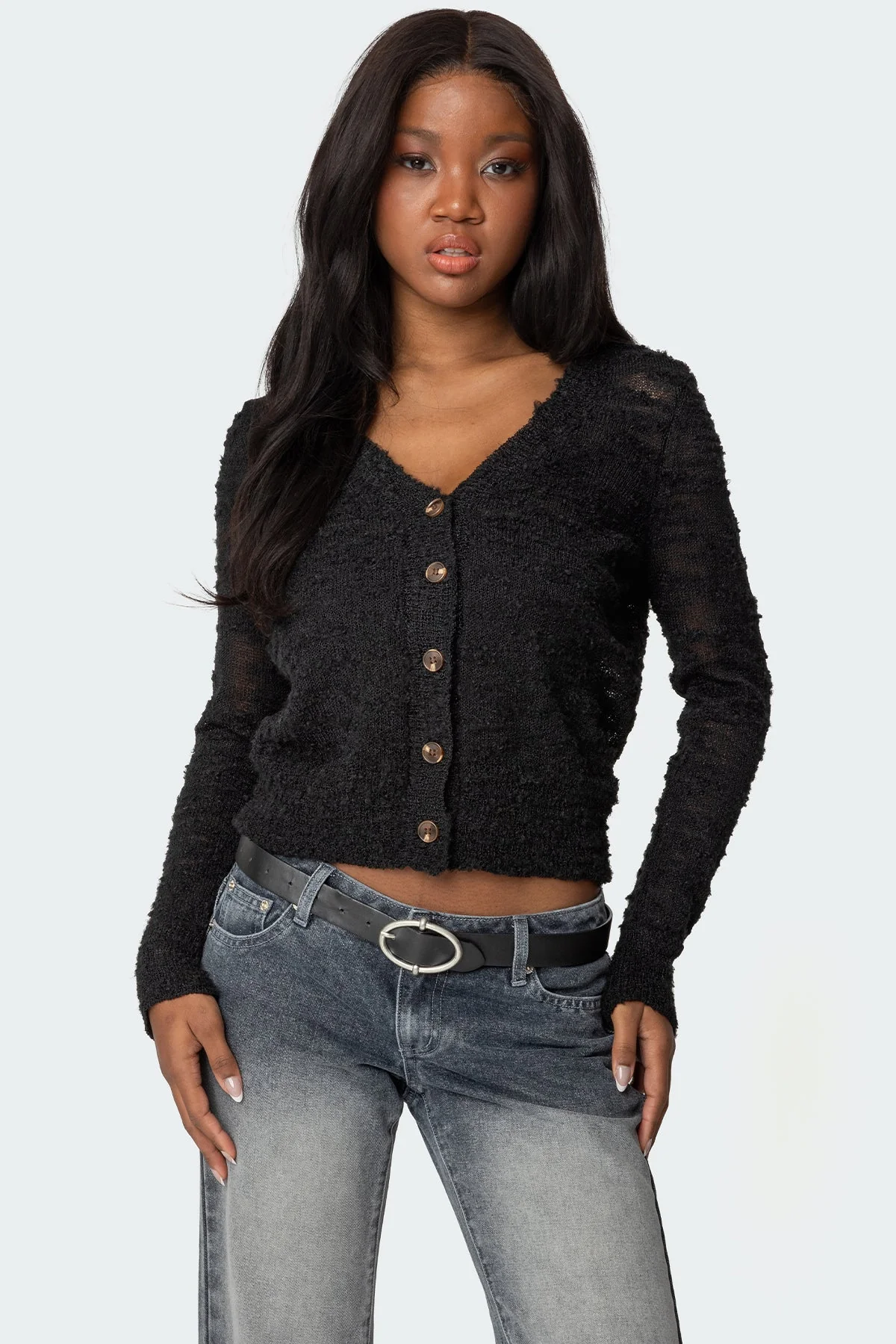 Textured Knit Cardigan Black V-Neck Button Front