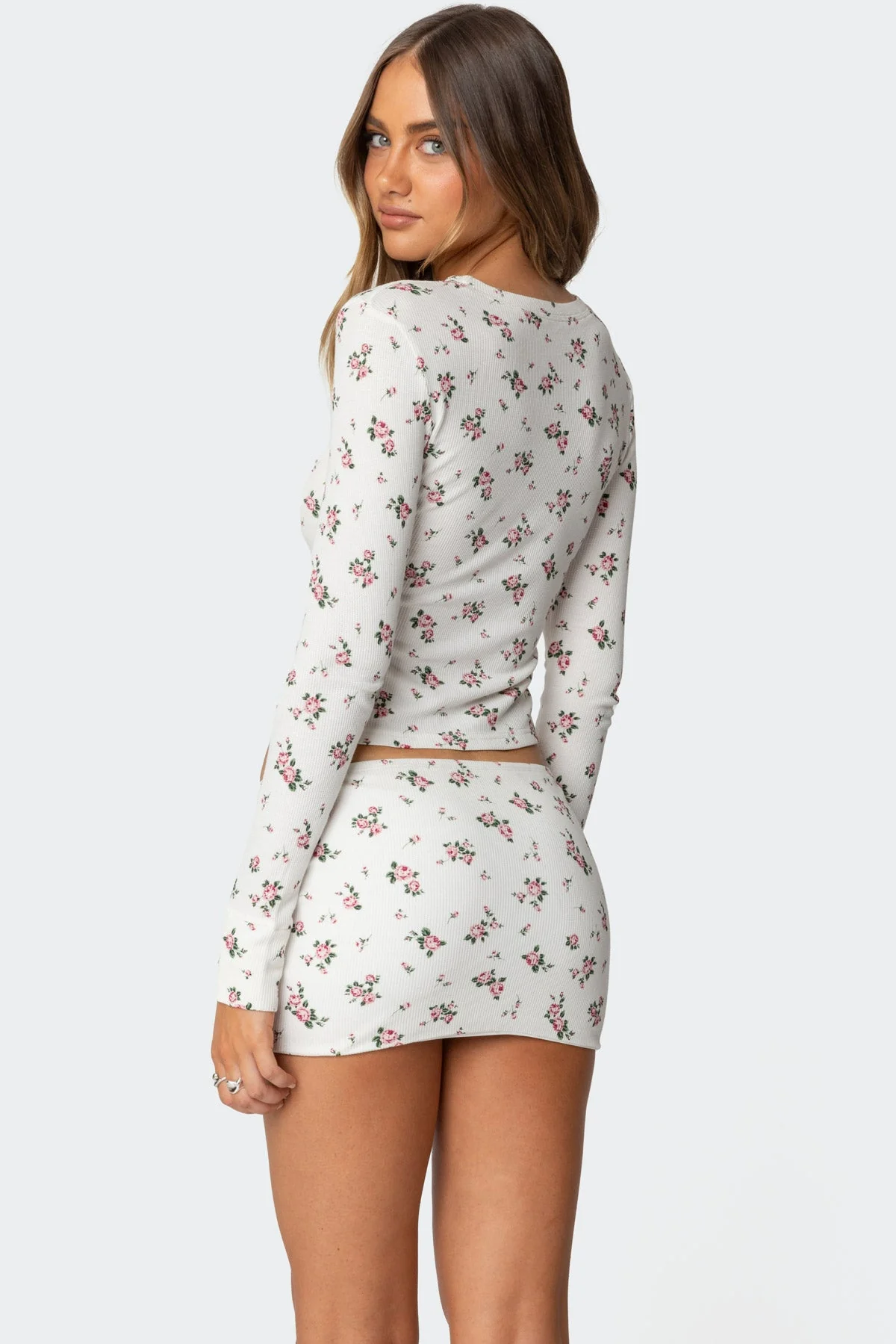 Womens Floral Waffle Top Shirt in Cream
