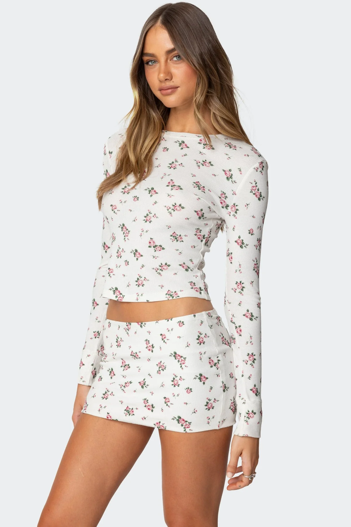 Womens Floral Waffle Top Shirt in Cream