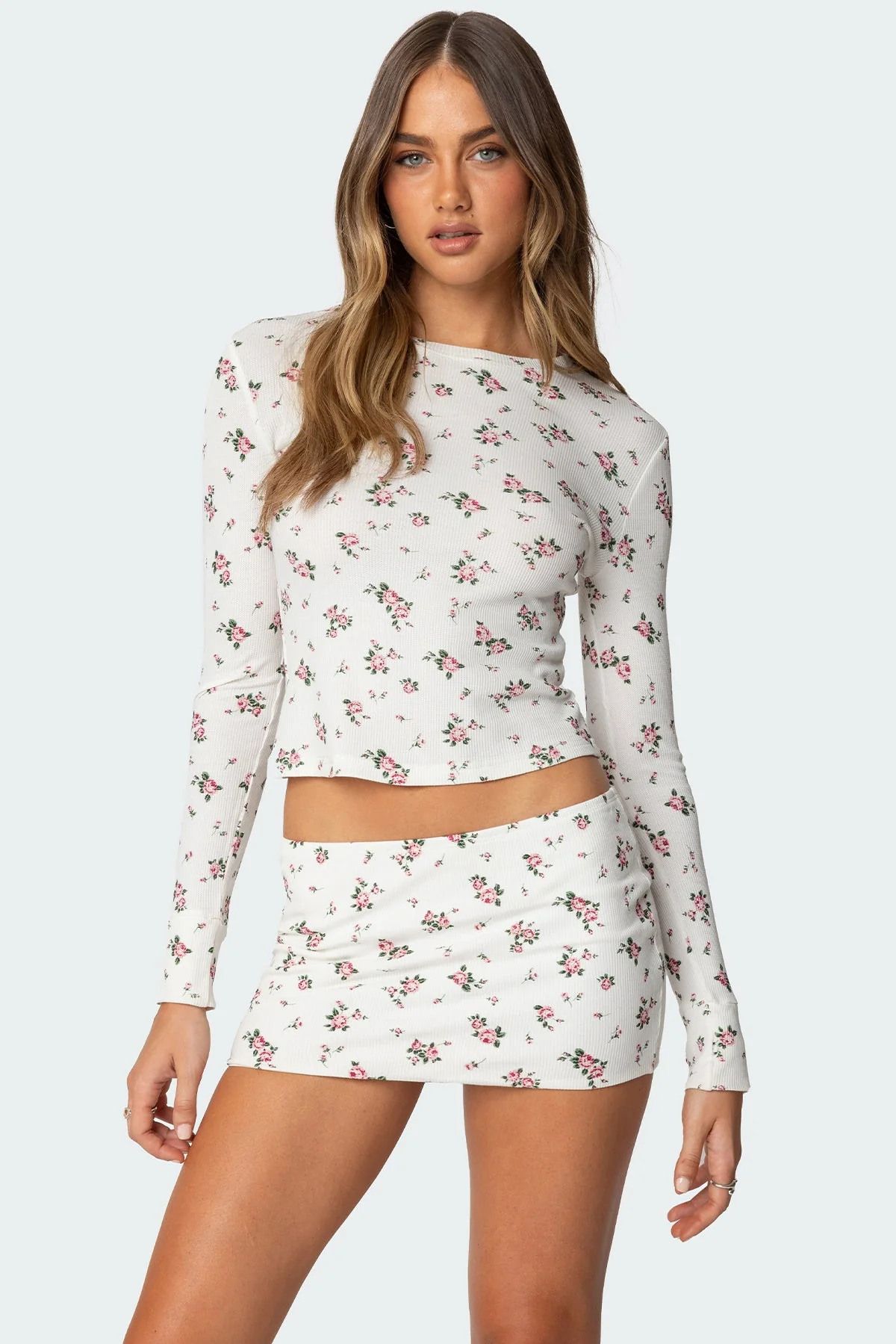 Womens Floral Waffle Top Shirt in Cream