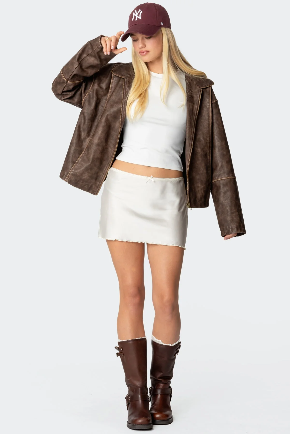 White Satin Mini Skirt with Bow Detail