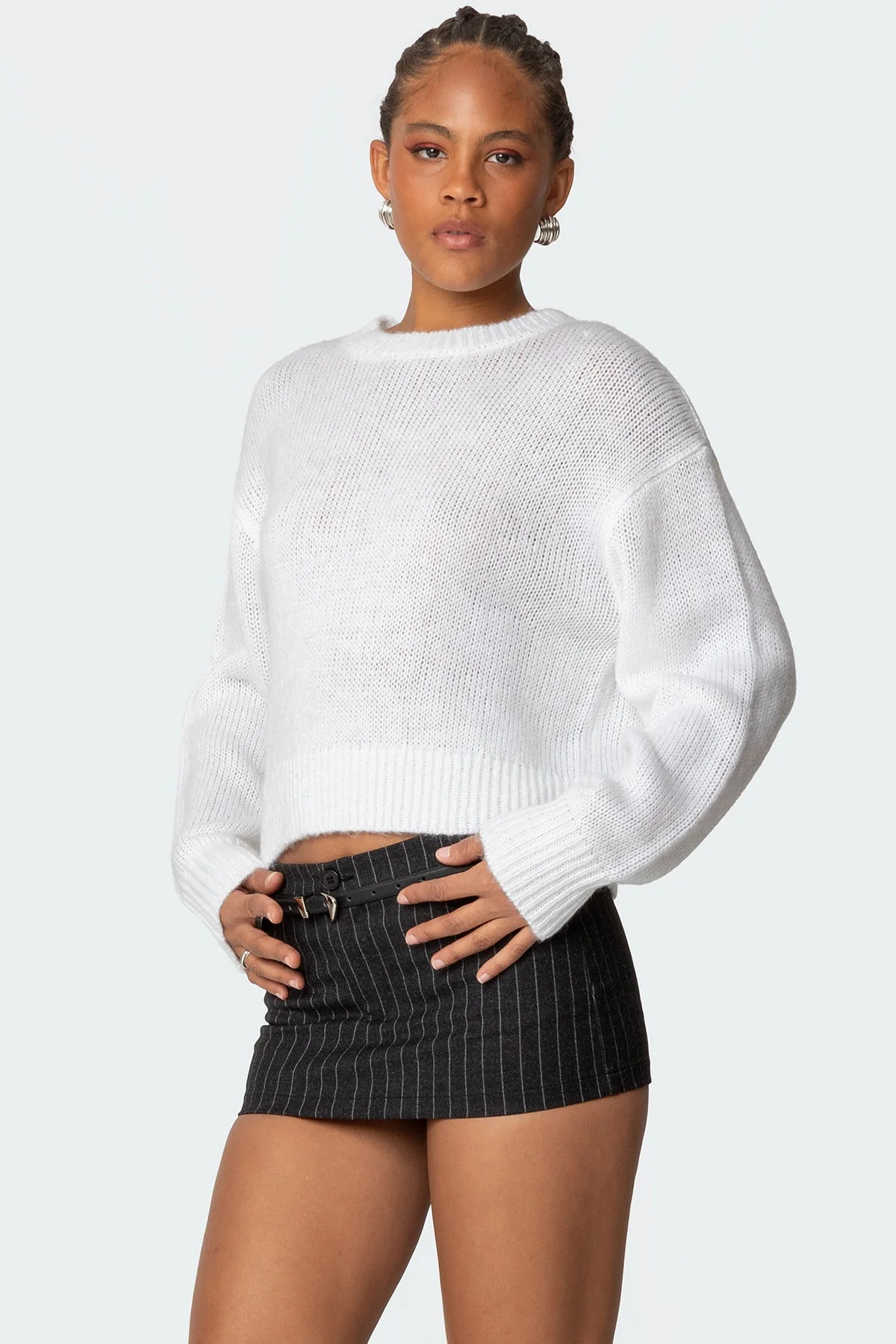 Oversized White Knit Sweater with Long Sleeves