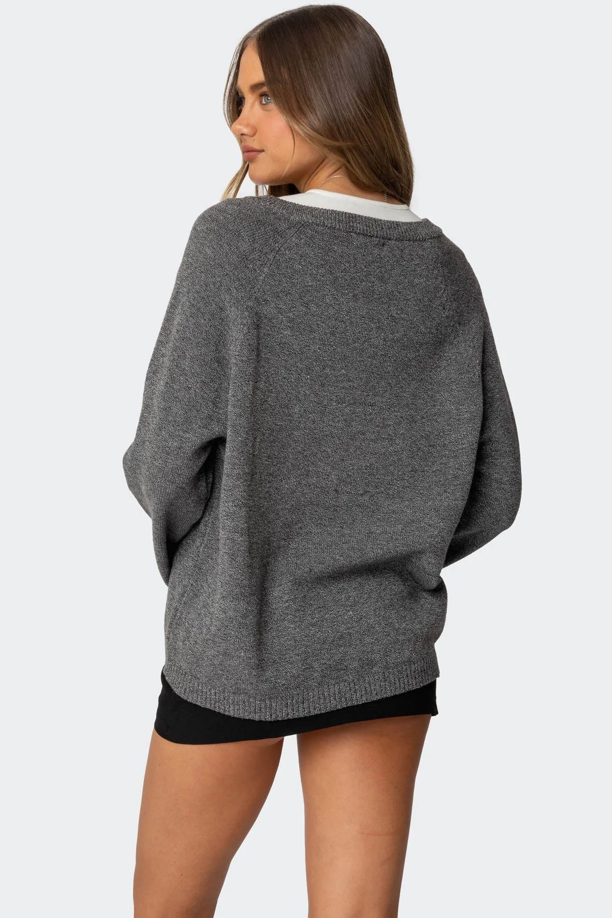 Oversized V Neck Knitted Sweater in Dark Gray Melange