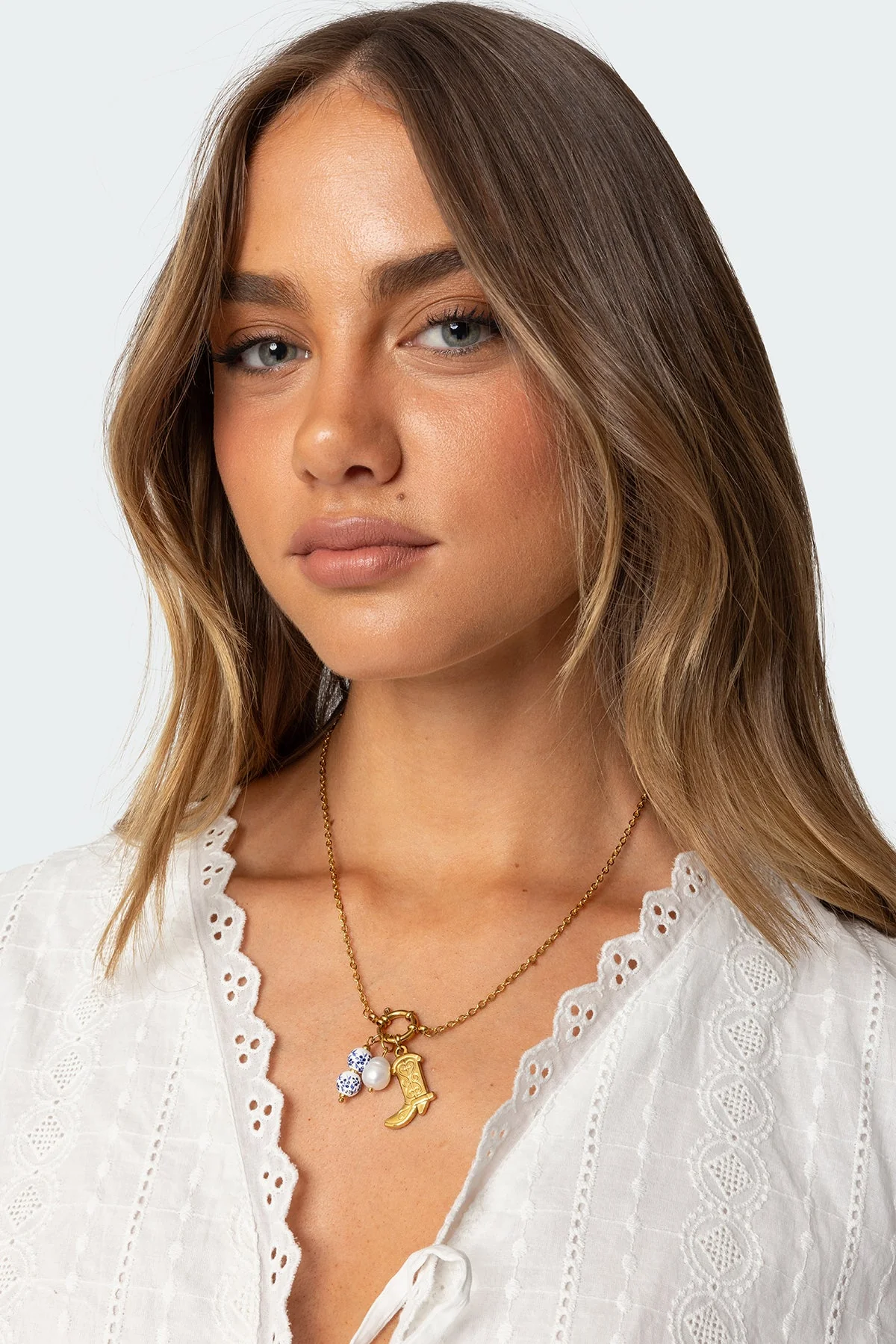 Gold Charm Necklace with Cowboy Boot, Pearl, and Bead Charms