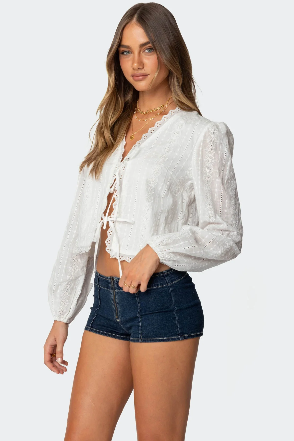White Cotton Lace Tie Front Top - Elegant Long Sleeve Blouse