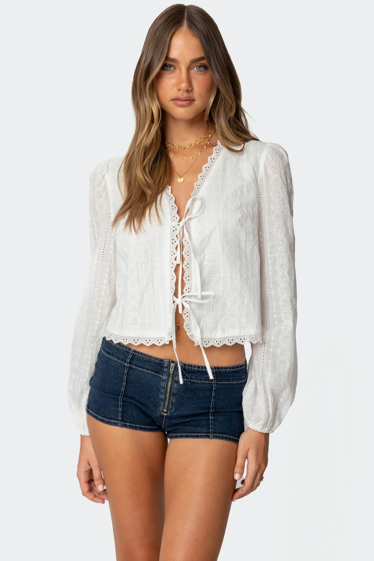 White Cotton Lace Tie Front Top - Elegant Long Sleeve Blouse