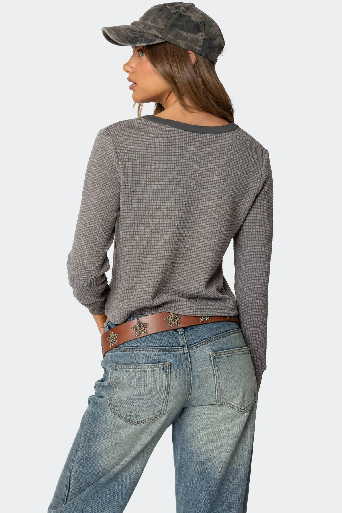 Waffle Henley Top in Gray Melange - Womens Casual Long Sleeve Shirt