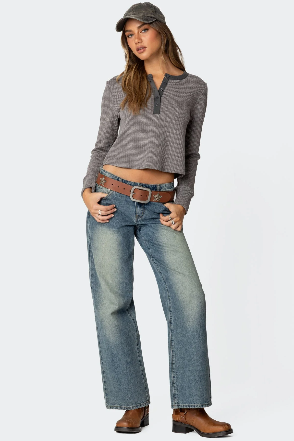 Waffle Henley Top in Gray Melange - Womens Casual Long Sleeve Shirt