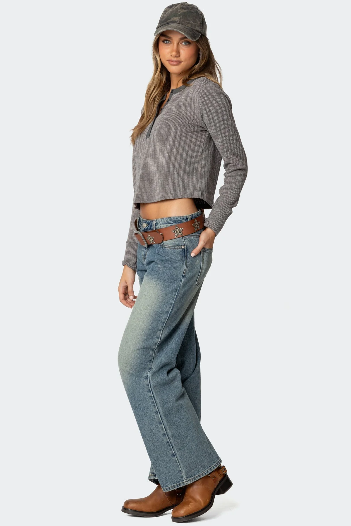 Waffle Henley Top in Gray Melange - Womens Casual Long Sleeve Shirt