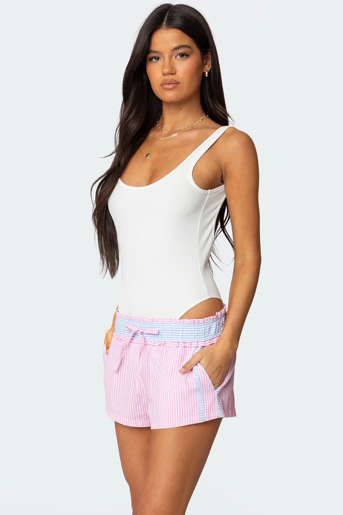 Ribbed White Backless Bodysuit - Scoop Neck, Polyester Spandex