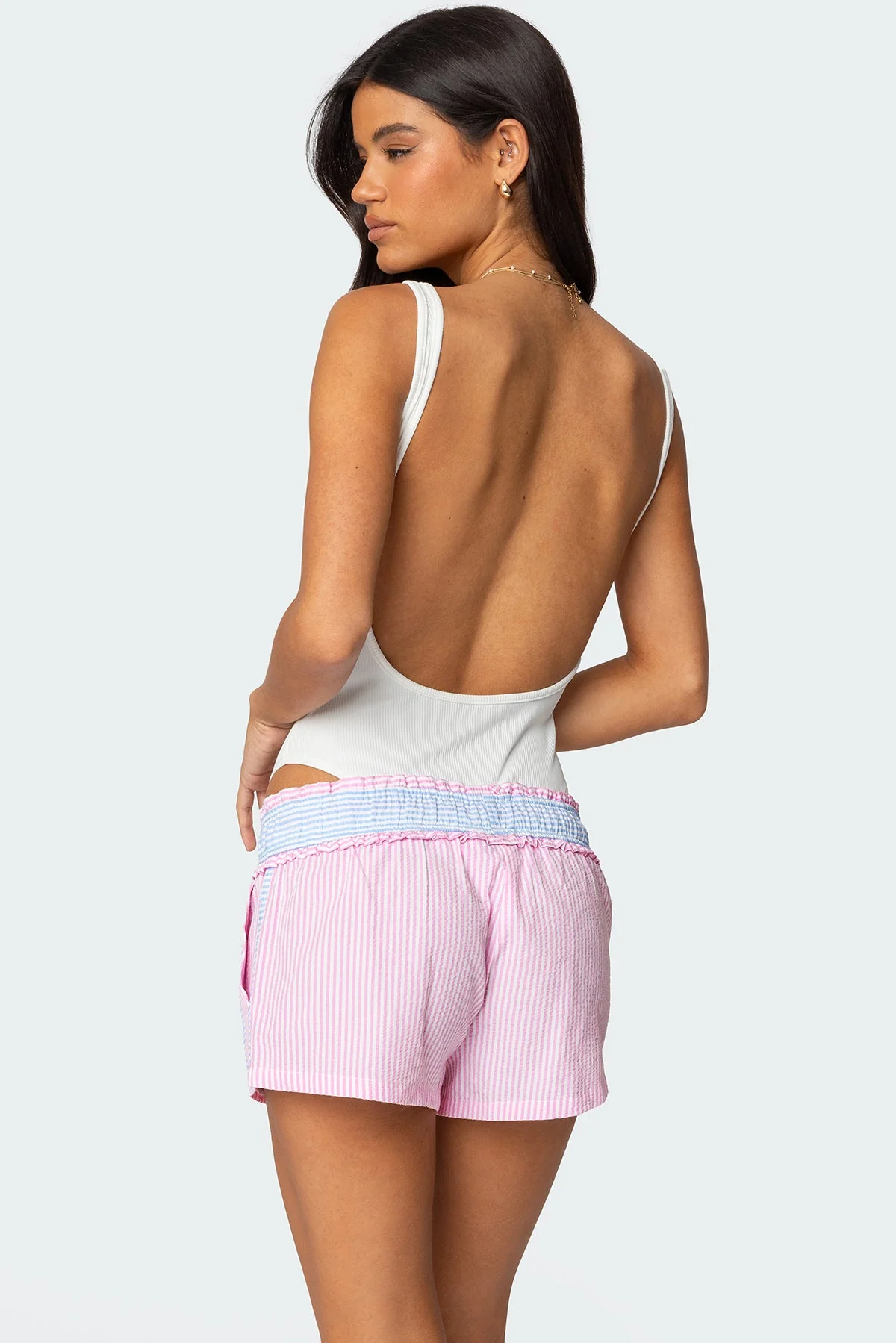 Ribbed White Backless Bodysuit - Scoop Neck, Polyester Spandex