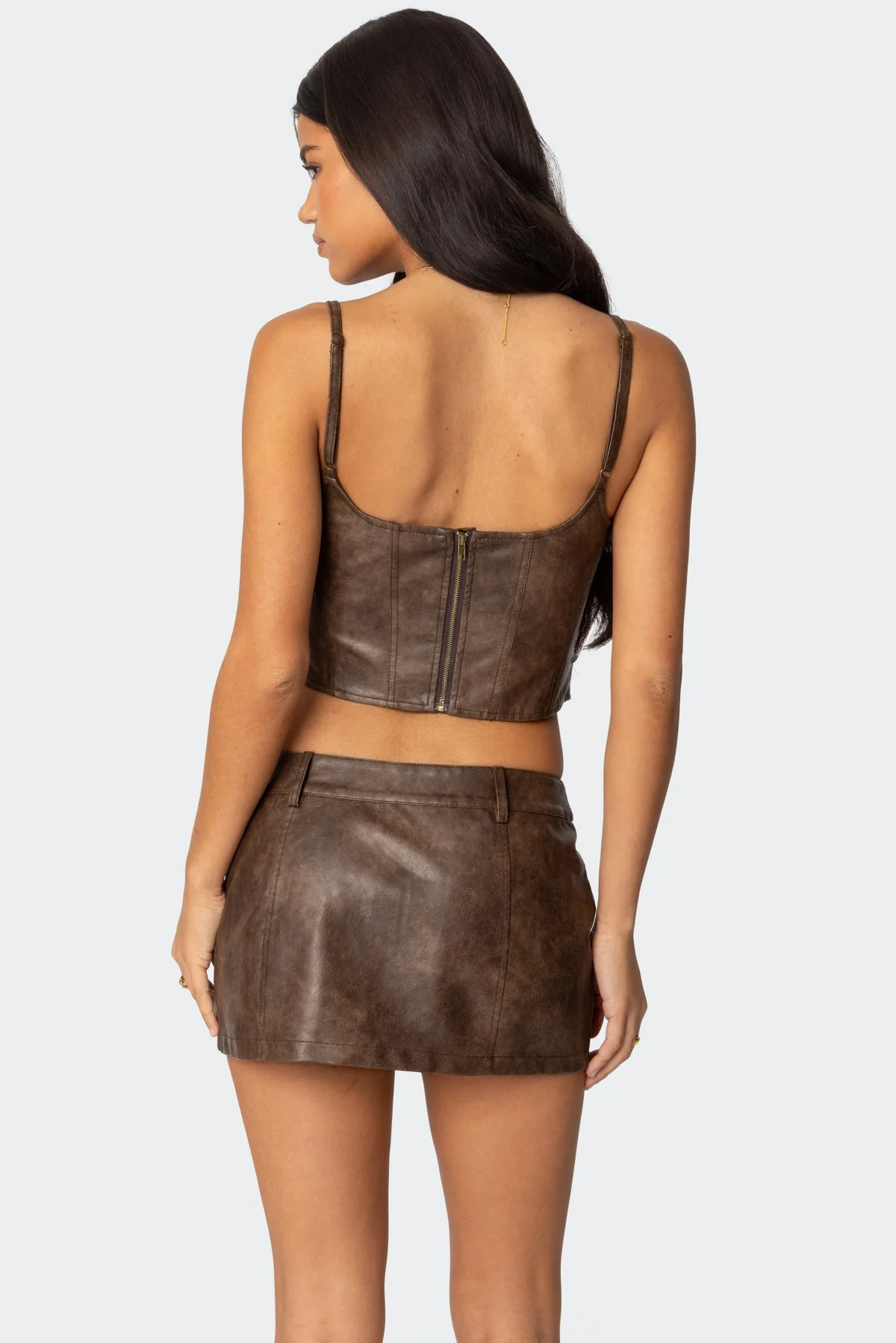 Brown Washed Faux Leather Corset Set