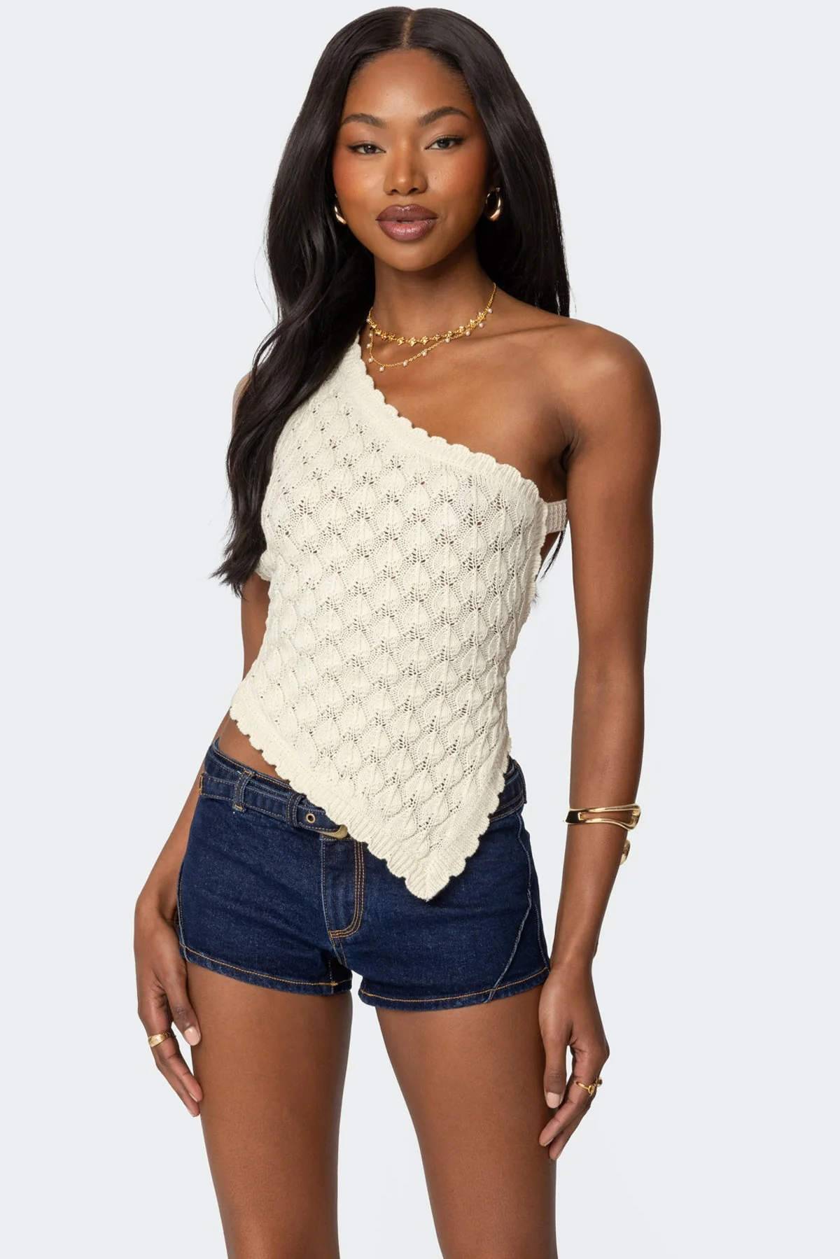Cream Knit Asymmetric Backless Top Ring Closure