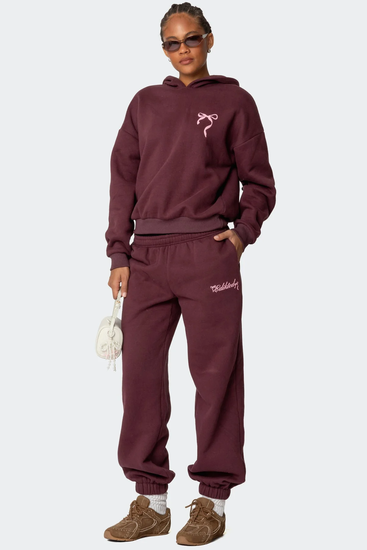 Burgundy Bow Detail Sweatpants for Women